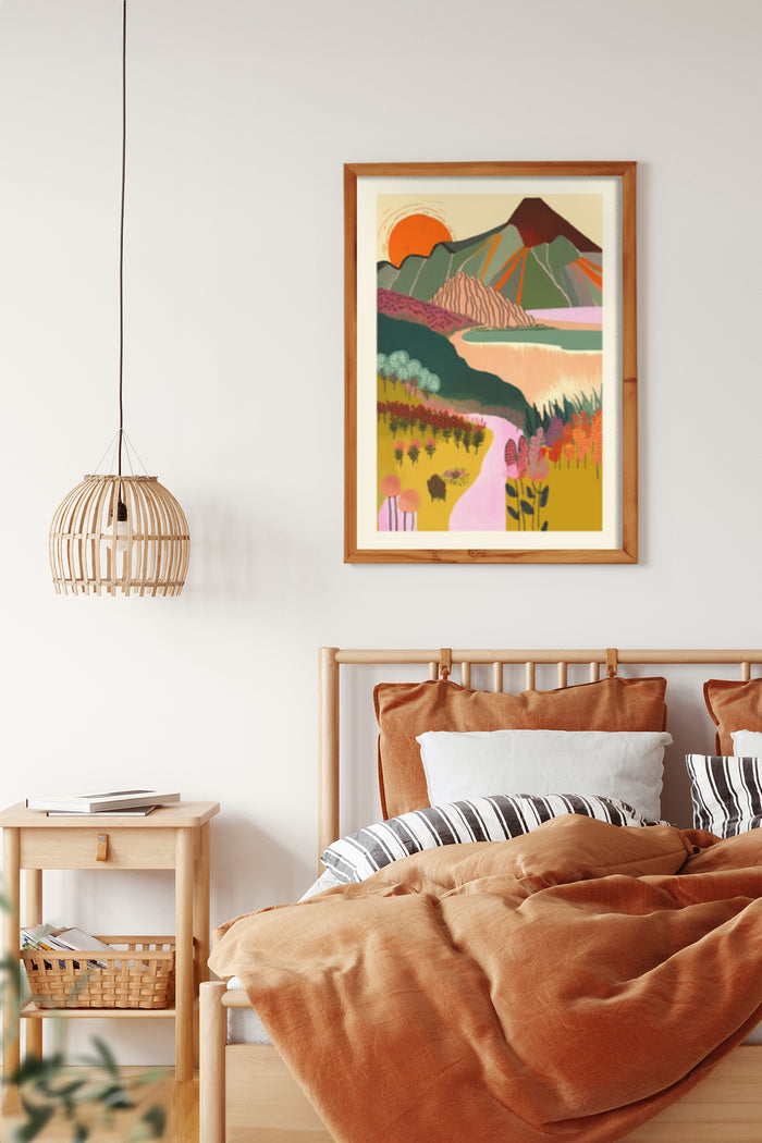 Colorful abstract landscape artwork framed on bedroom wall