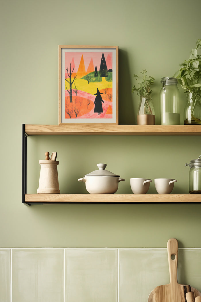 Abstract colorful landscape painting with witch silhouette in a wooden frame on a shelf with kitchenware and plants