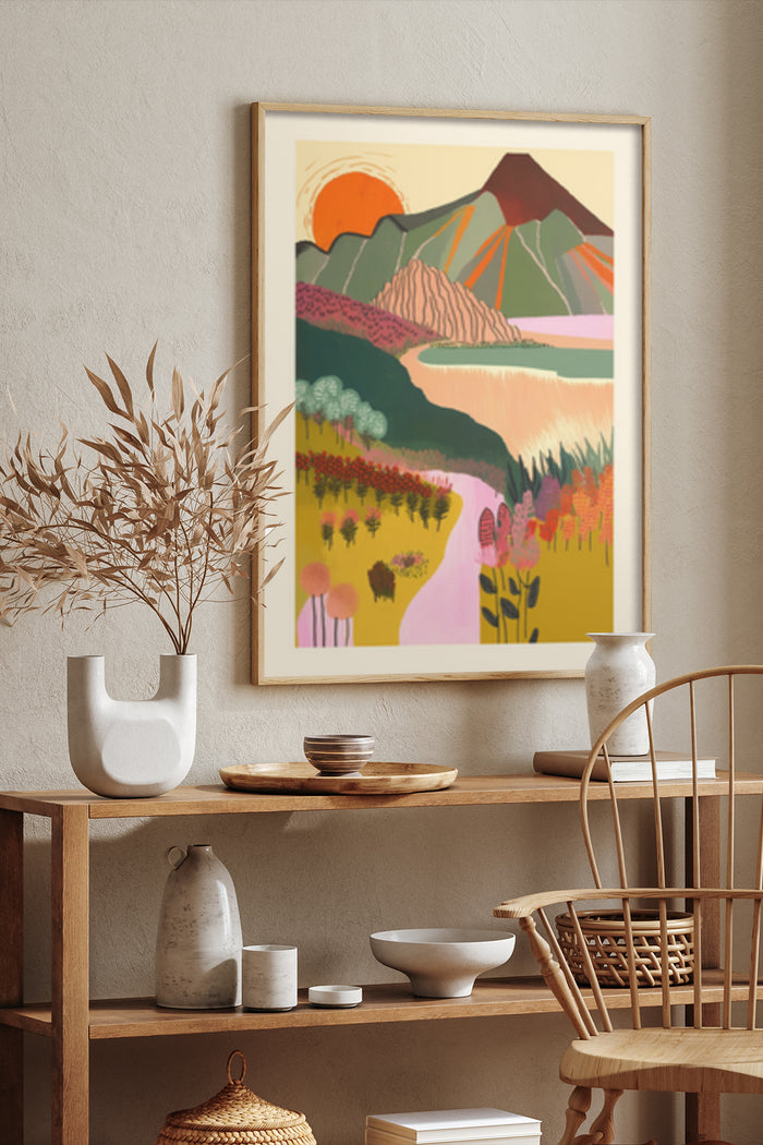 Colorful abstract mountain landscape poster framed on a wall above a wooden shelf with decorative items for interior design inspiration