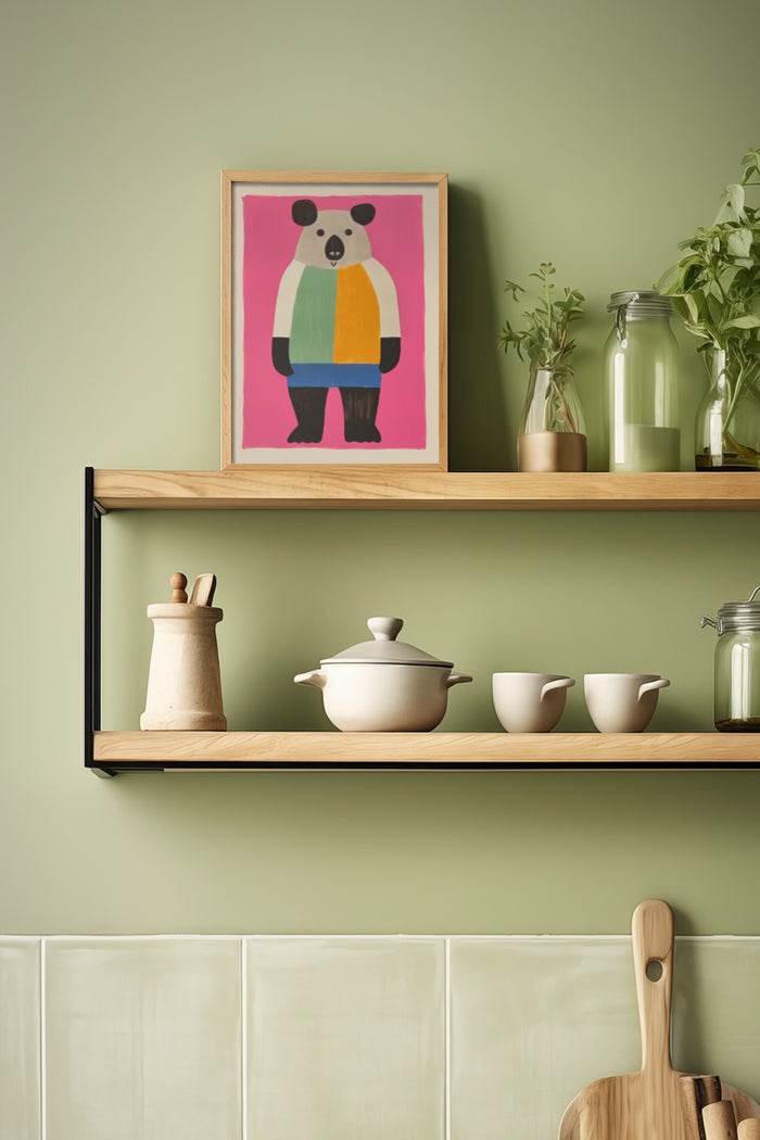 Modern colorful abstract panda painting in a wooden frame on a green wall above kitchen shelf decor