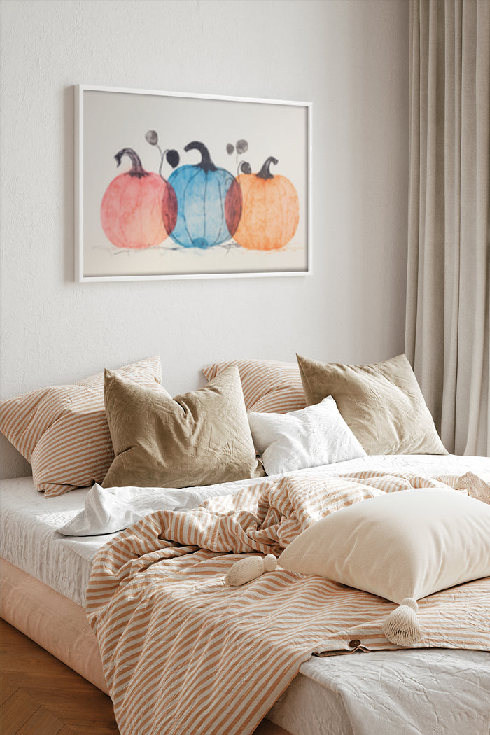 Colorful abstract pumpkin painting in a contemporary bedroom setting
