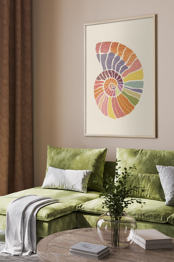 Abstract multicolored shell design poster framed on wall above green velvet sofa in contemporary interior