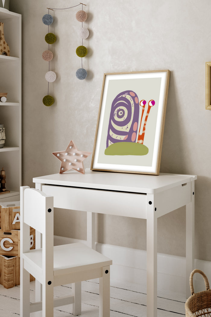 Colorful abstract snail illustration poster framed in a kids' room decor setting