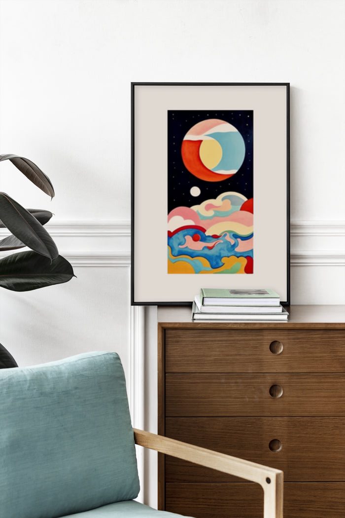 Abstract colorful space poster with planets and stars in a modern home decor setting