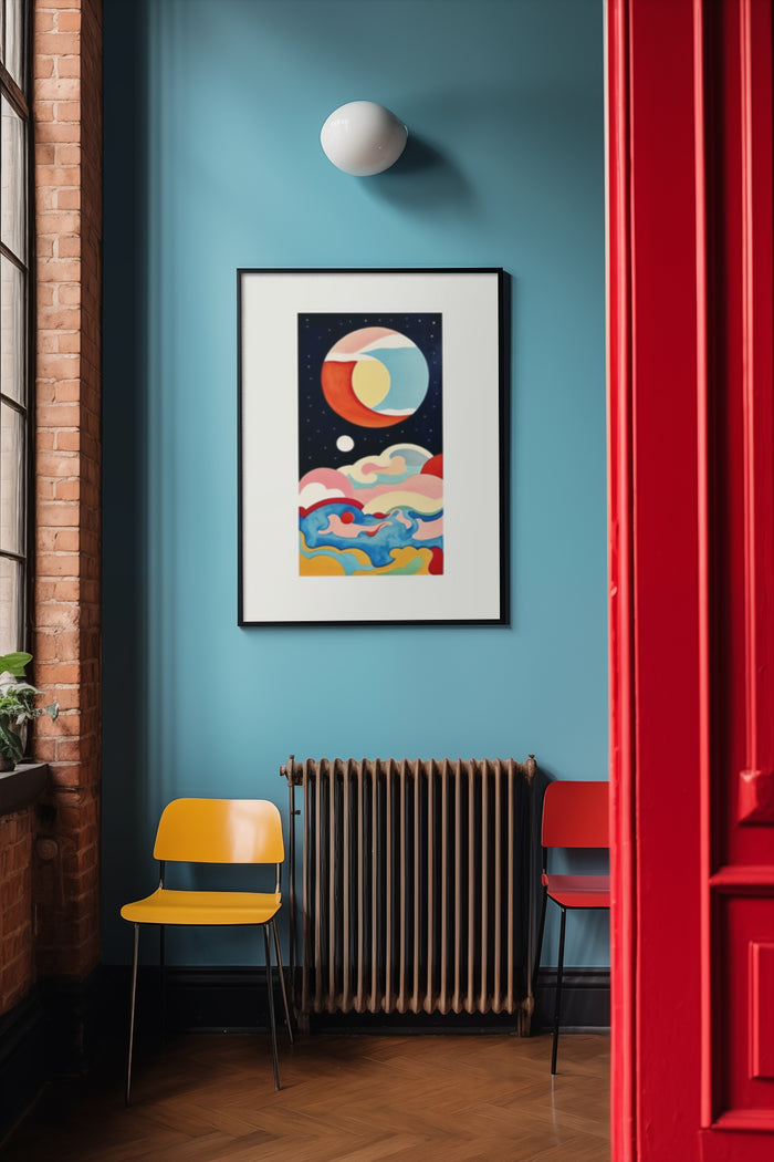 Colorful abstract space-themed poster in a stylish room with teal walls and vibrant red door