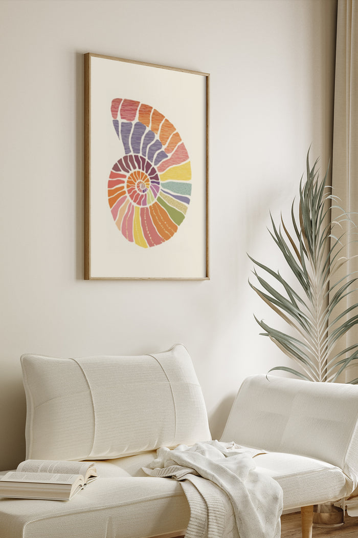 Colorful abstract spiral nautilus poster design displayed in a contemporary living room setting
