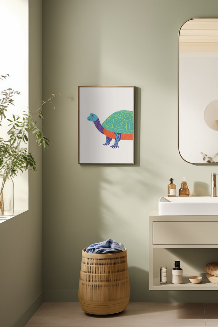 Colorful abstract turtle illustration poster framed on the wall of a contemporary bathroom interior
