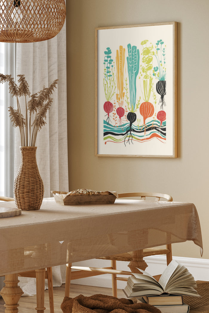 Colorful abstract vegetable garden artwork in modern dining room setting