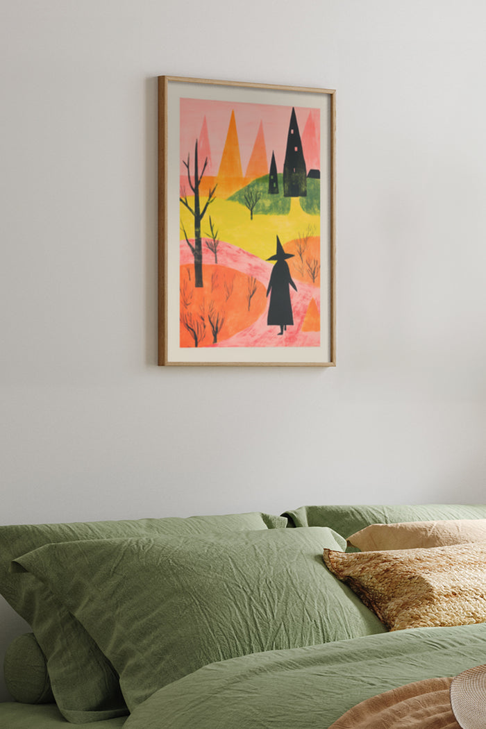 Abstract colorful landscape poster with witch silhouette in a bedroom setting