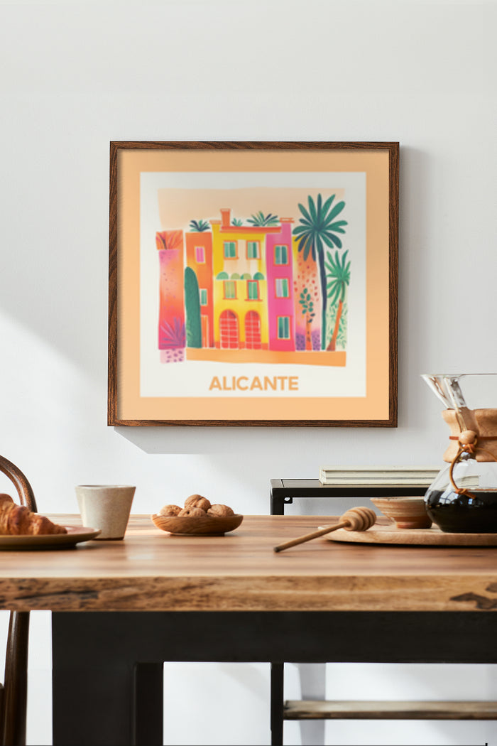 Colorful artistic travel poster of Alicante with vivid buildings and palm trees in a modern interior setting
