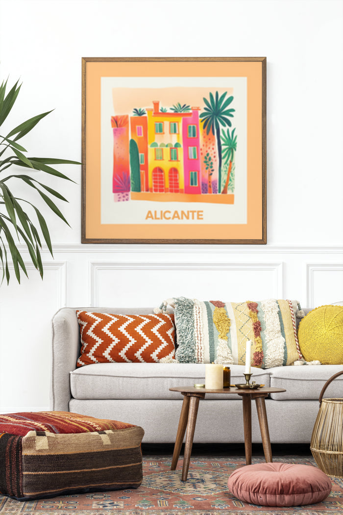 Vibrant Alicante travel poster depicting colorful buildings and palm trees, displayed in a stylish living room setting