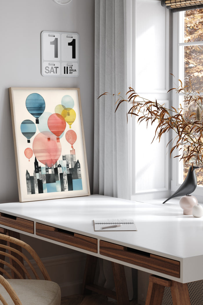 Contemporary art print featuring vibrant balloons over cityscape, mounted on home office wall