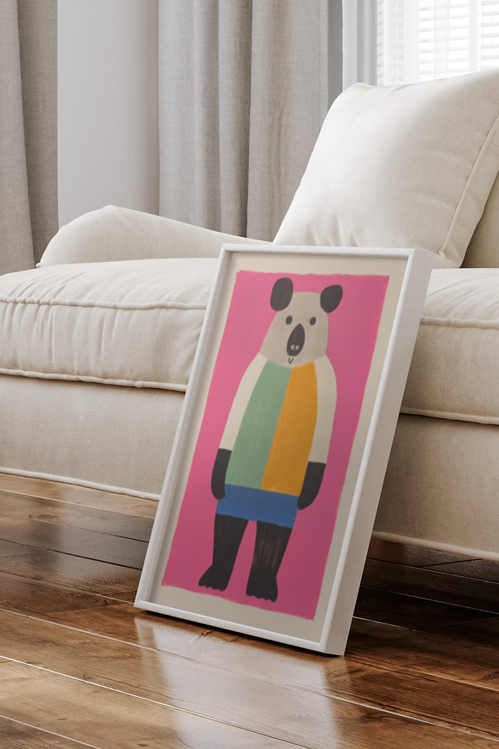 Colorful bear character poster with pink background in a stylish home setting