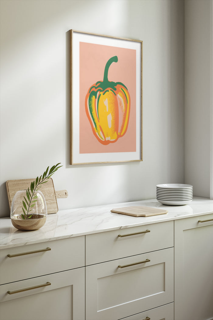 Modern kitchen interior with colorful bell pepper artwork poster on the wall