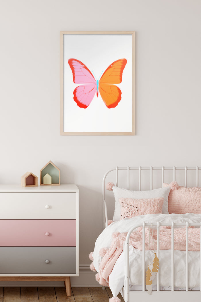 Stylish colorful butterfly poster framed on a wall above a modern dresser in a contemporary bedroom