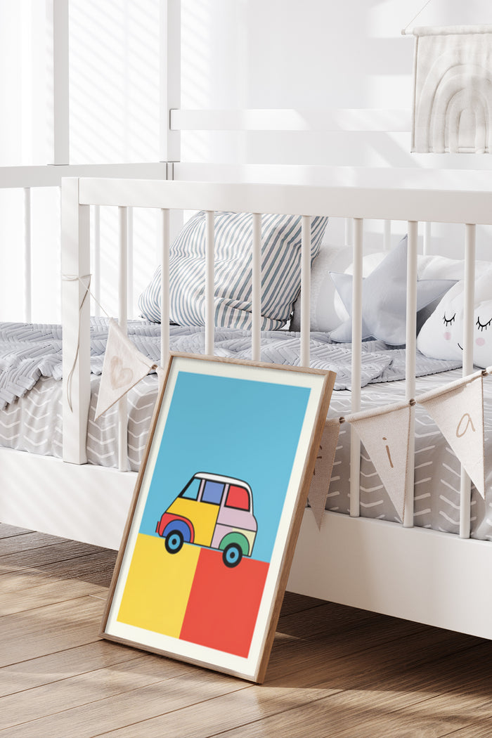 Colorful minimalist car poster in a stylish nursery room setting