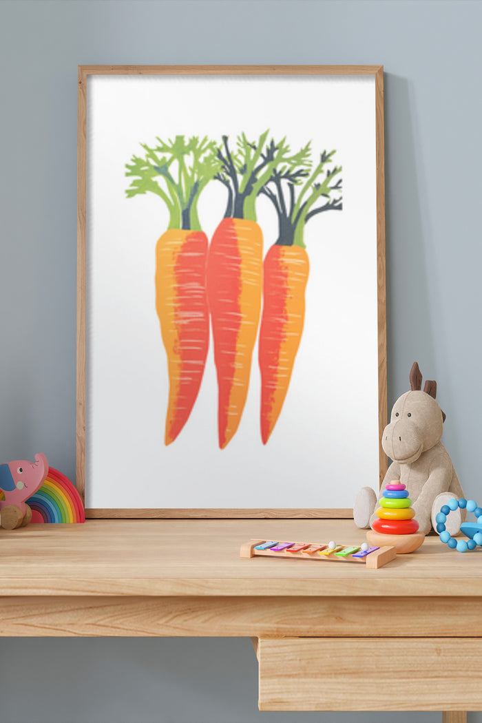 Bright and colorful carrot illustration poster framed on wall above wooden table with children's toys