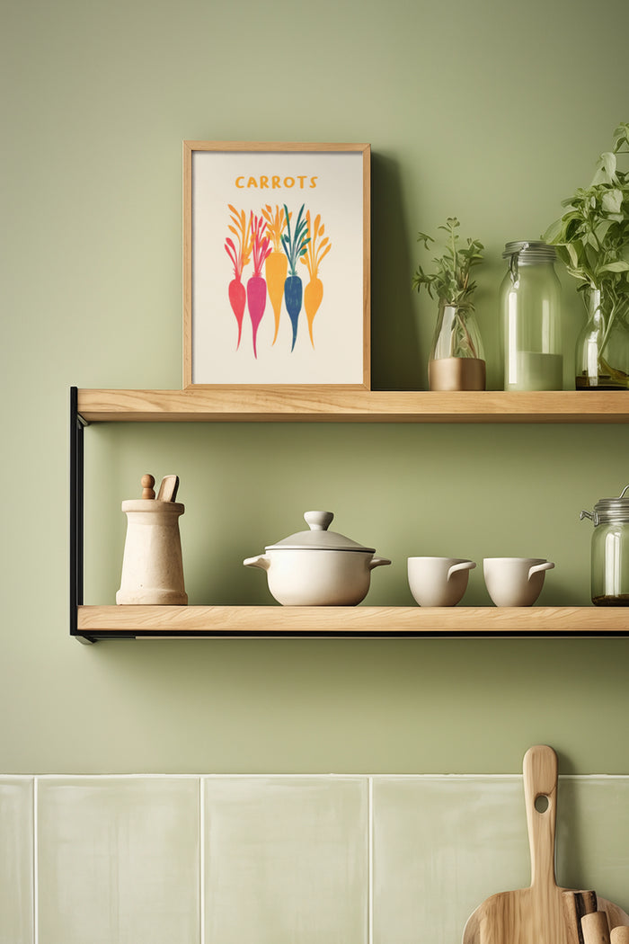 Colorful stylized carrots artwork on kitchen wall poster with kitchenware on shelves