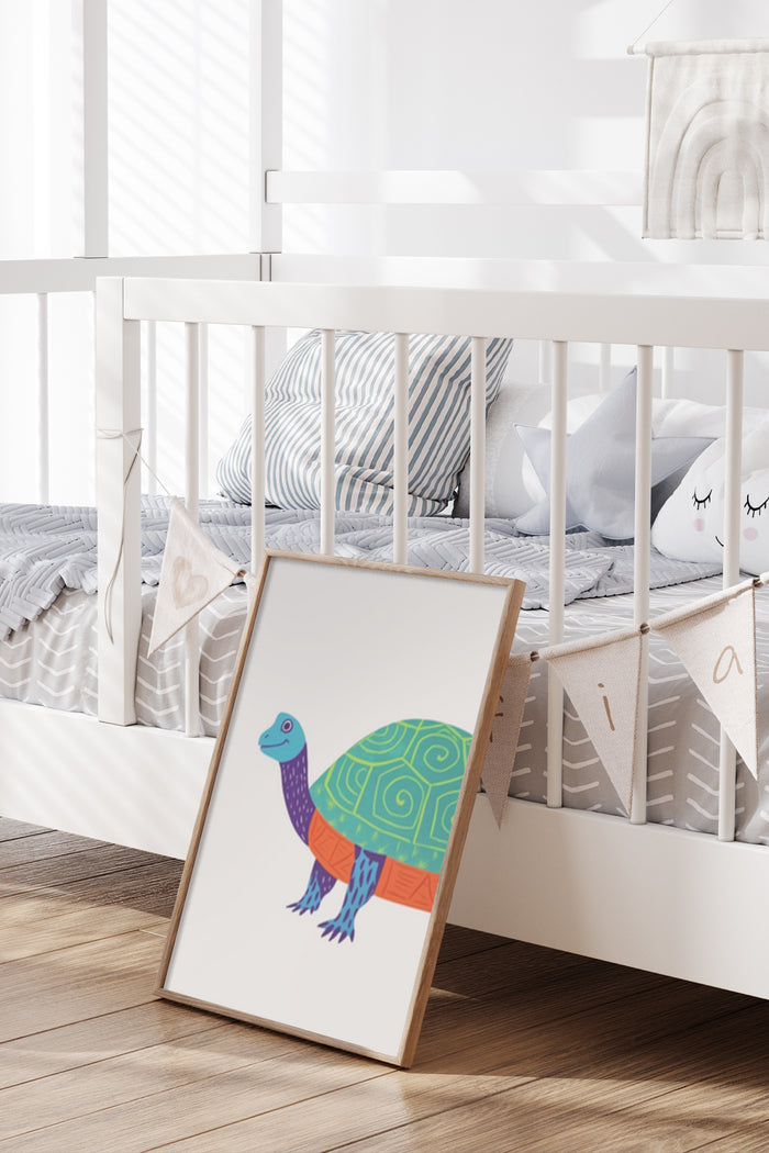 Colorful cartoon turtle poster leaning against a white crib in a modern nursery room interior