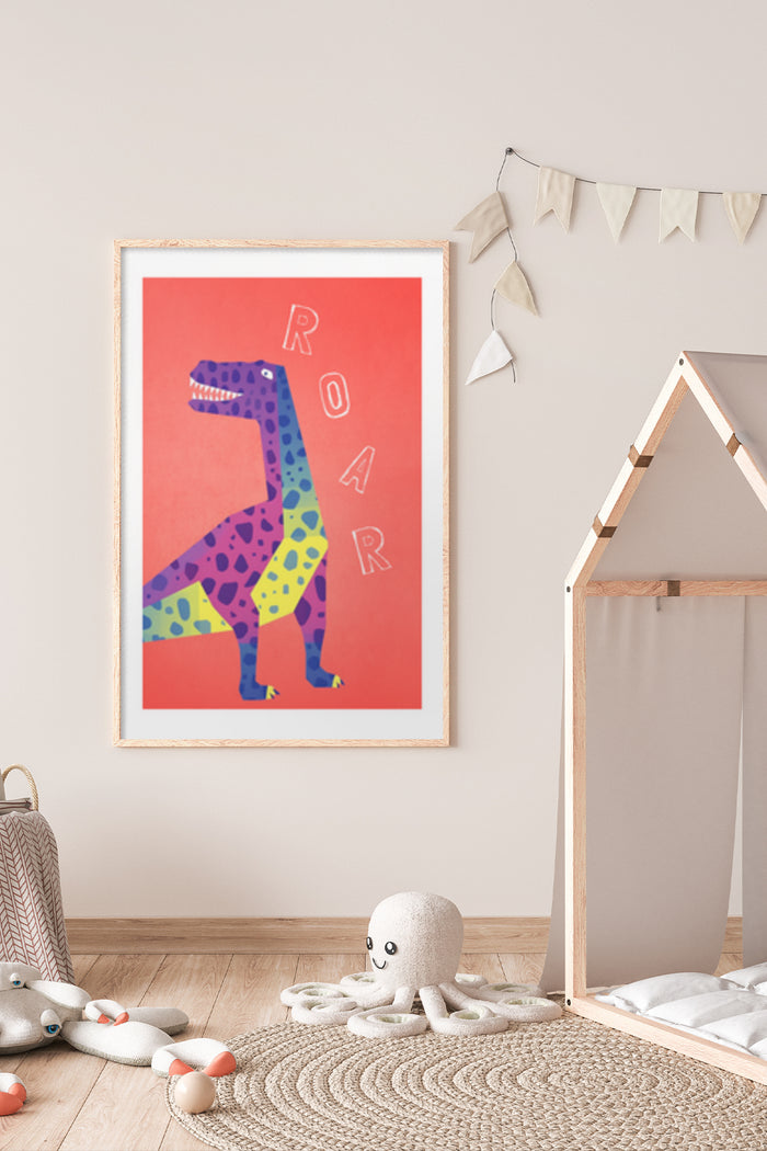 Colorful dinosaur poster with 'ROAR' text in a child's room