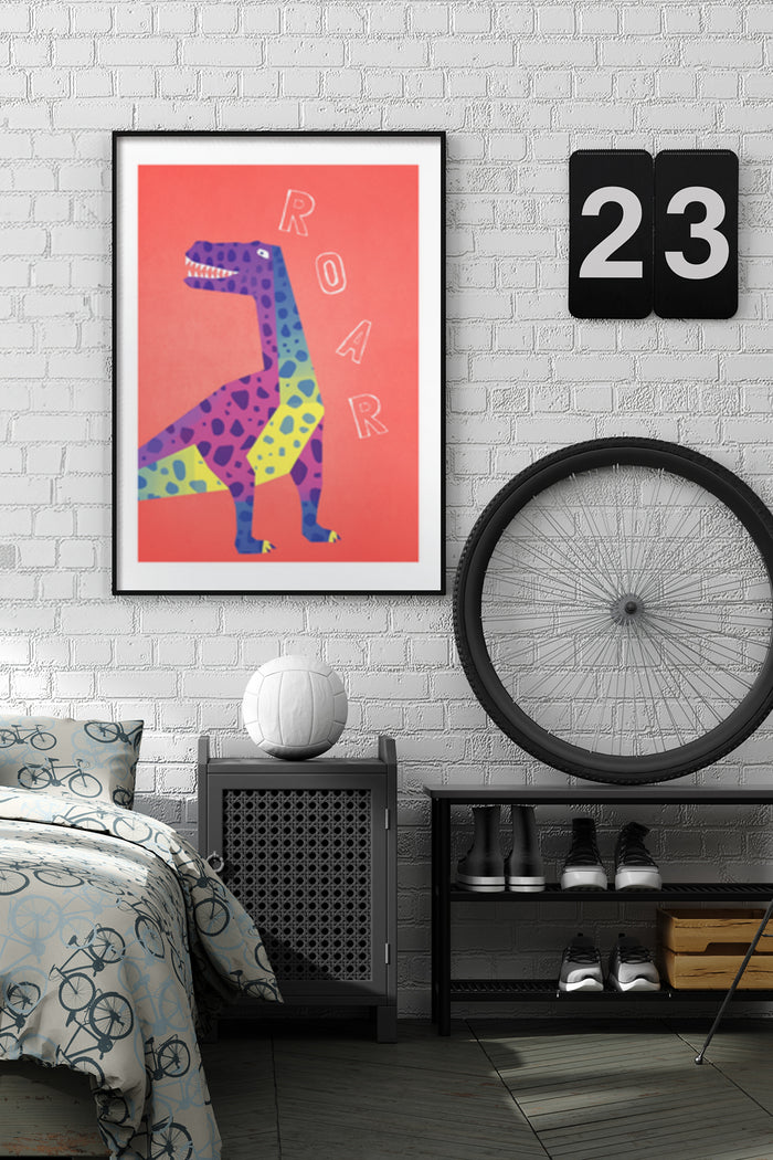 Colorful spotted dinosaur roaring poster in modern bedroom decor