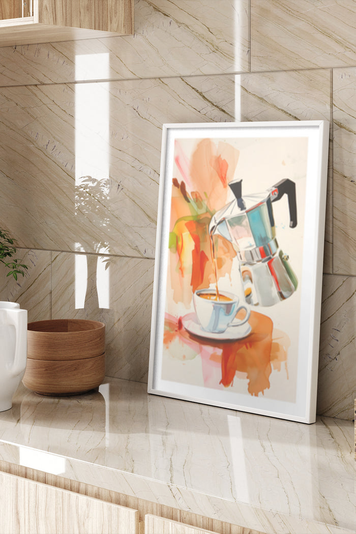 Abstract colorful art poster of an espresso maker with a coffee cup in a contemporary home setting