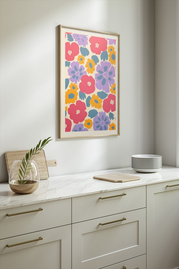 Bright colorful floral poster framed on a kitchen wall, adding artistic touch to modern home decor