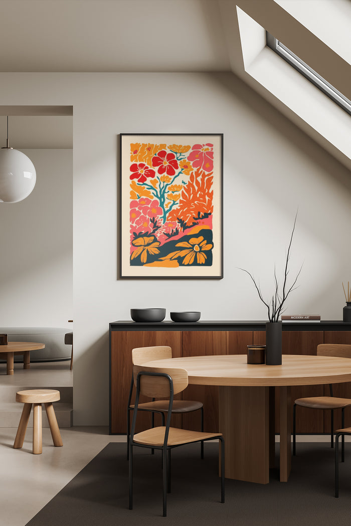 Colorful abstract floral painting in contemporary dining room setting