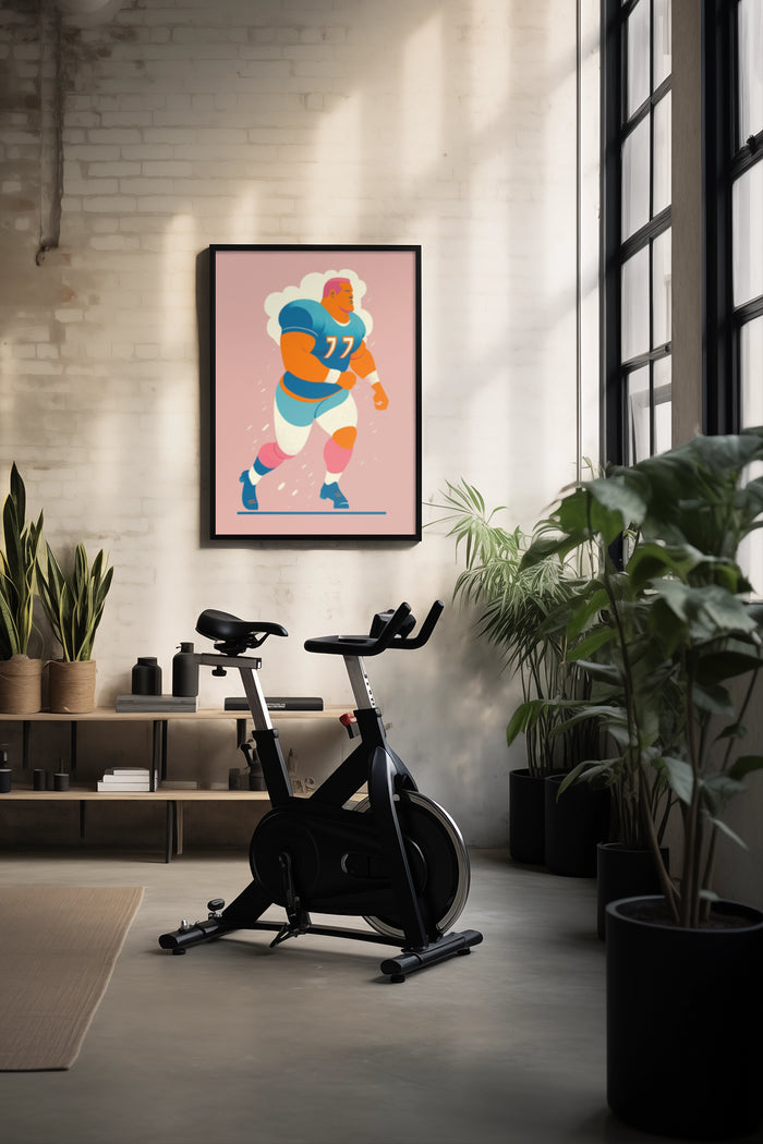 Stylish interior with modern exercise bike and colorful poster of a football player number 77 on wall