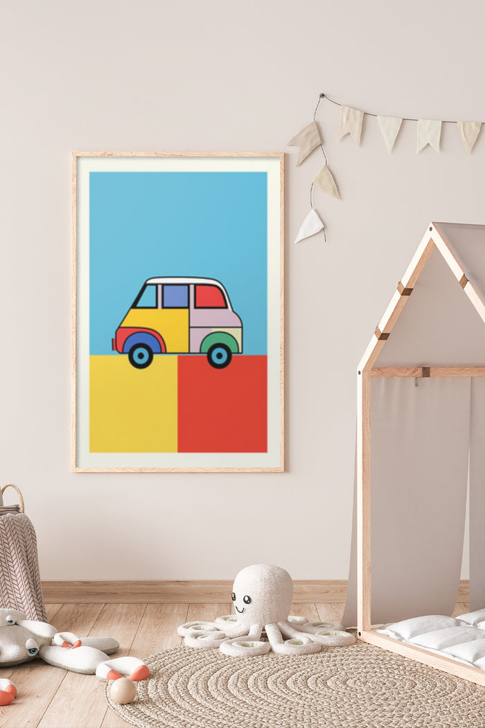 Colorful geometric car artwork in a stylish children's room with play tent and toys