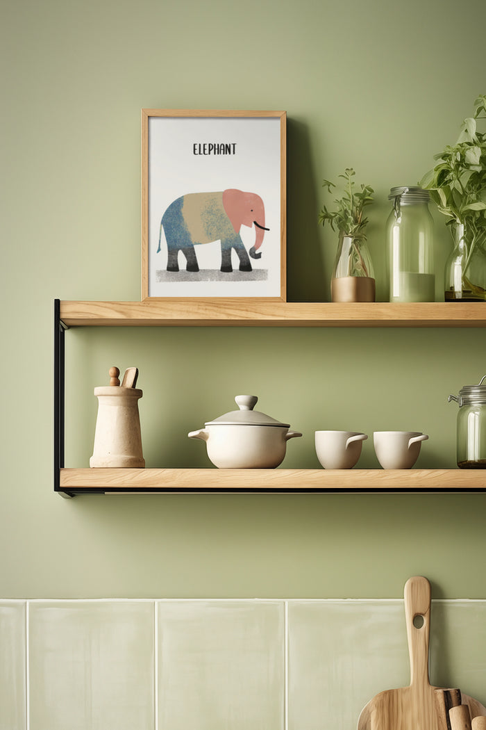 Modern kitchen shelf decor with colorful geometric elephant artwork framed on wall