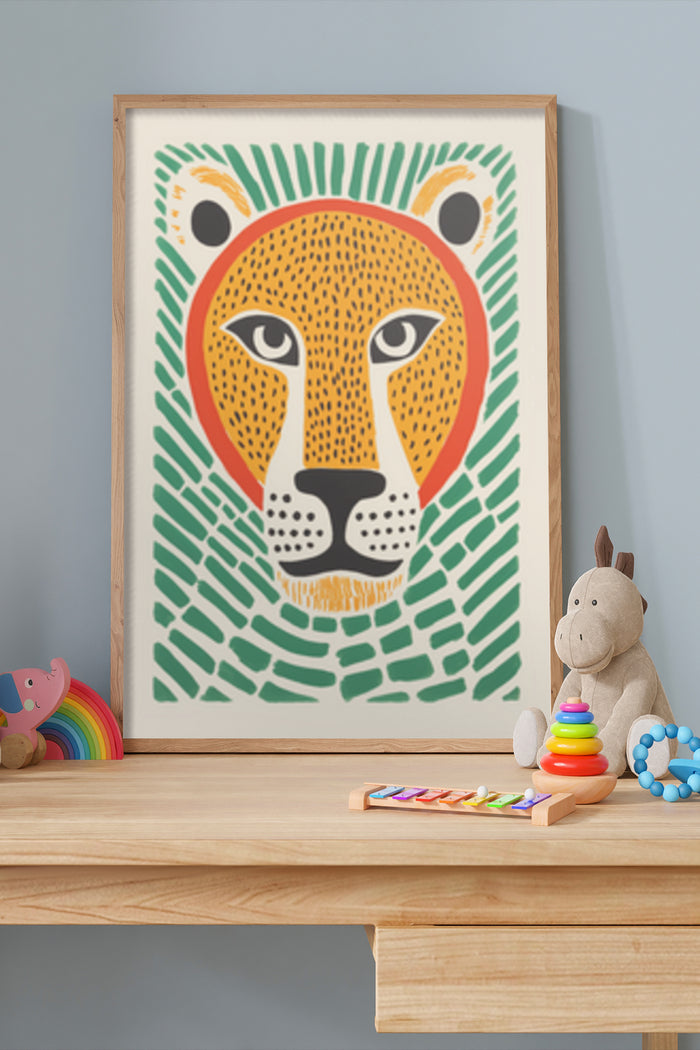 Colorful geometric lion head poster framed on wall in a child's nursery room with wooden toys