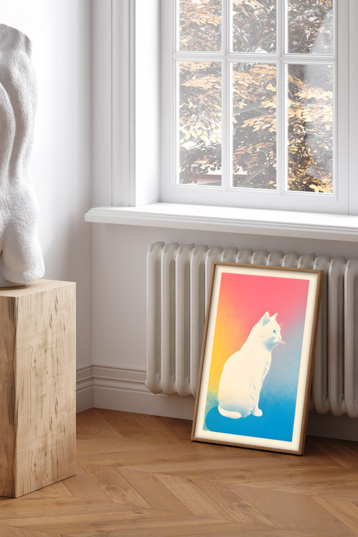 Gradient colored cat poster with warm and cool hues leaned against wall by a window