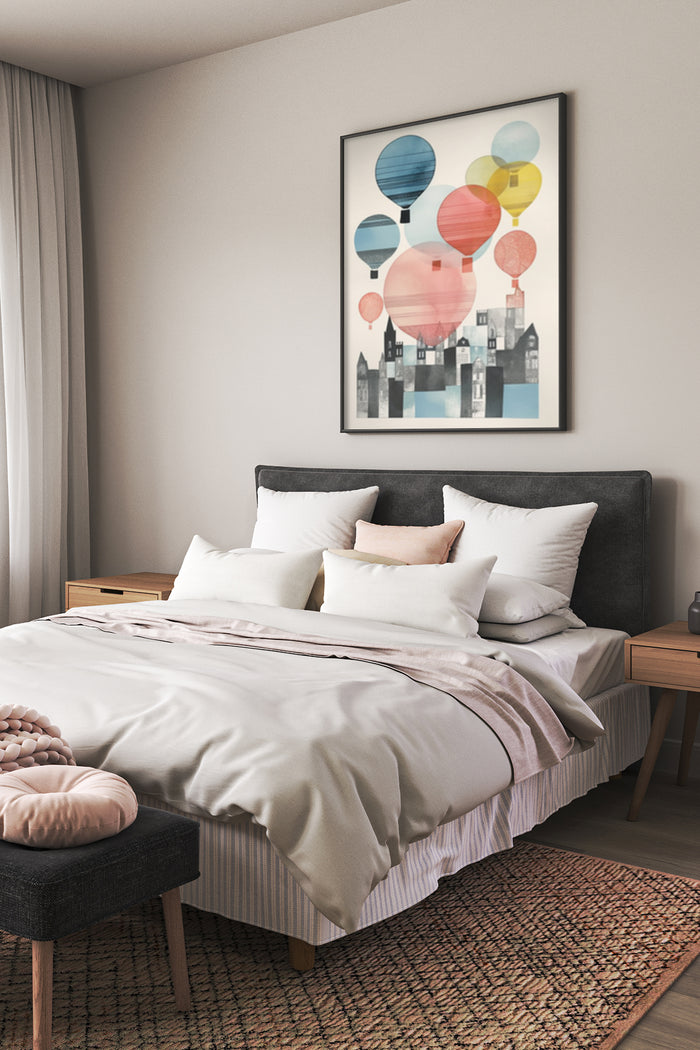 Modern bedroom interior with decorative poster of colorful hot air balloons flying over city buildings
