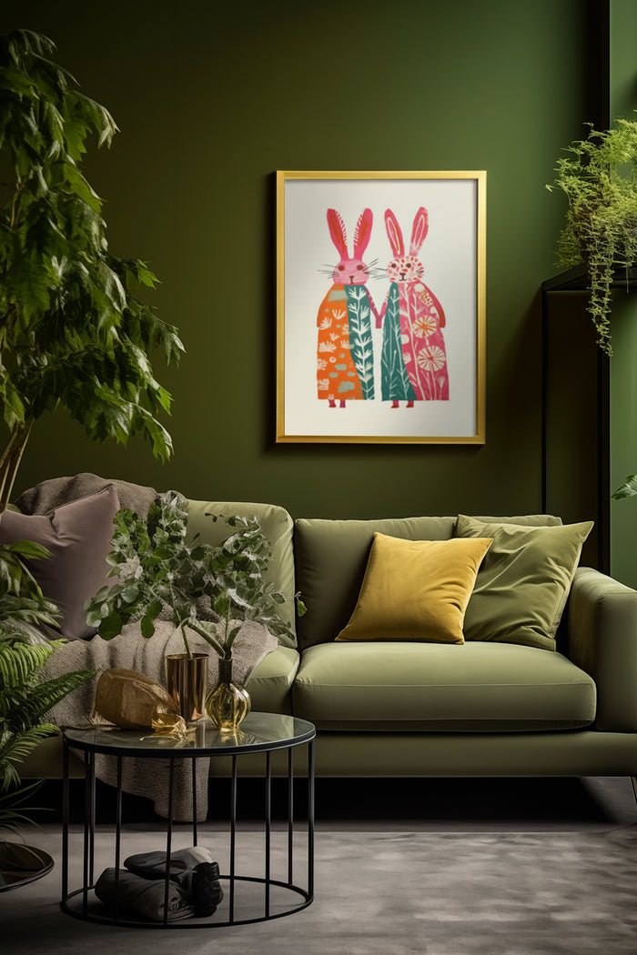 Stylish interior with modern olive green sofa and colorful illustrated rabbits poster in gold frame