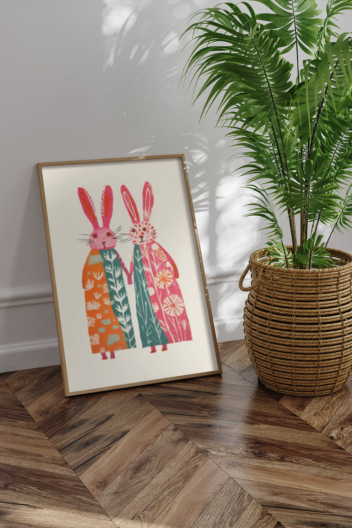 Colorful artistic poster featuring two patterned rabbits in a modern interior