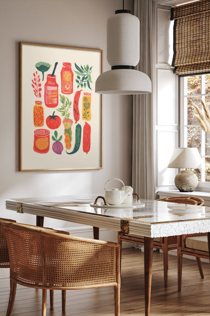 Colorful kitchen art poster with food illustrations in a modern home decor setting