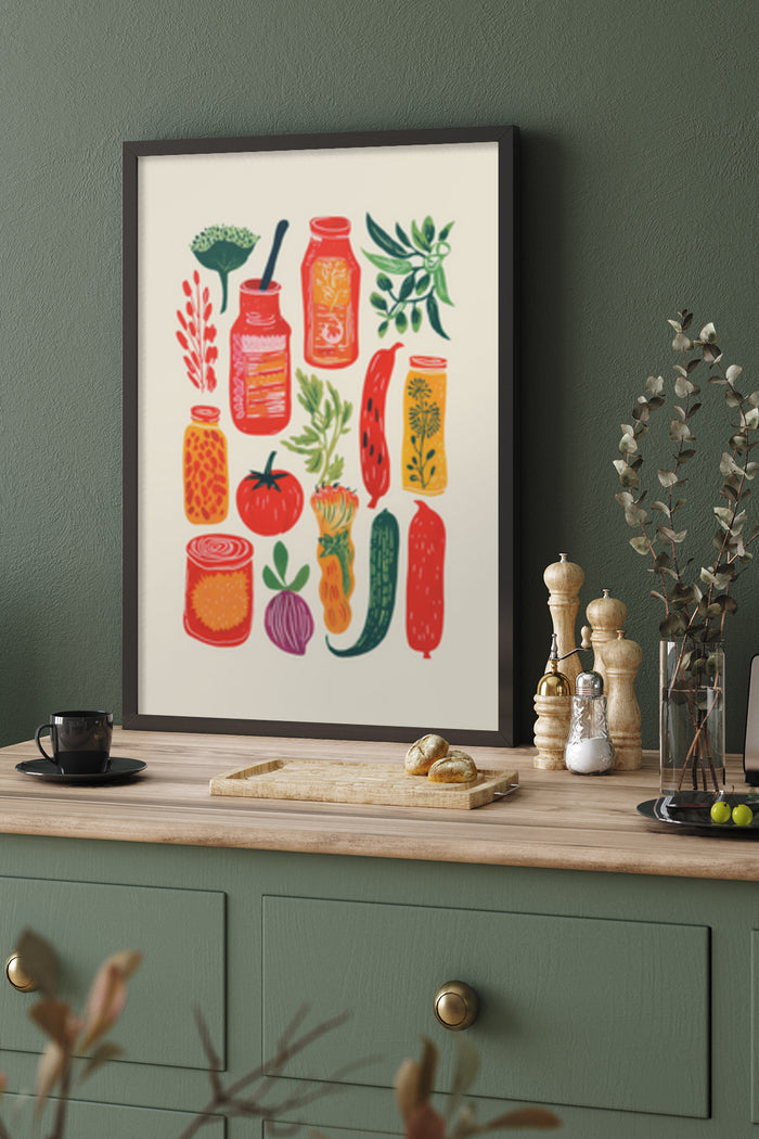 Stylish kitchen poster with colorful illustrations of vegetables, jars, and bottles