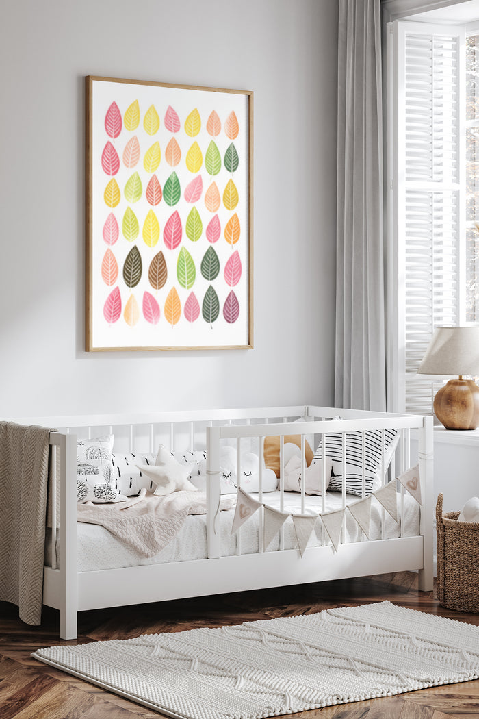 Colorful Leaf Pattern Poster in Modern Nursery Interior