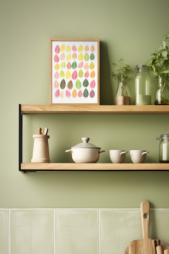 Colorful leaf pattern poster framed on kitchen wall above shelf with kitchenware