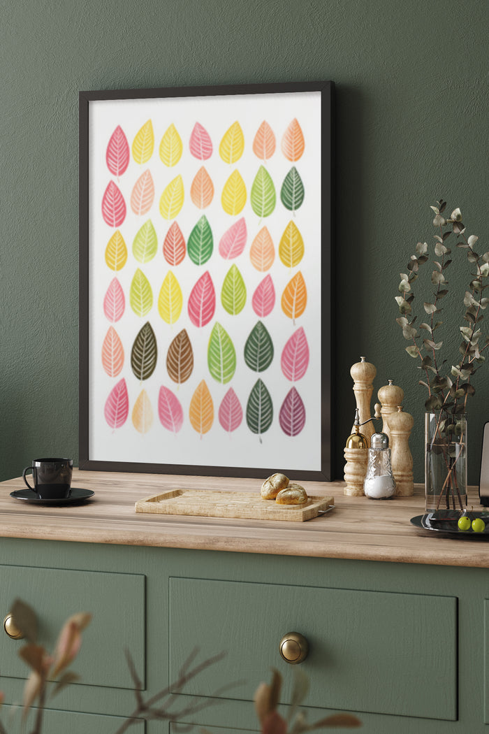 Colorful leaf patterns on a modern art poster for home decoration, displayed in a stylish interior setting