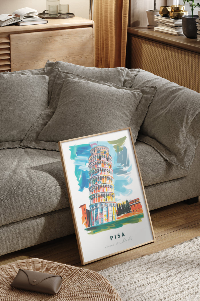 Colorful impressionist style poster of the Leaning Tower of Pisa in a modern living room