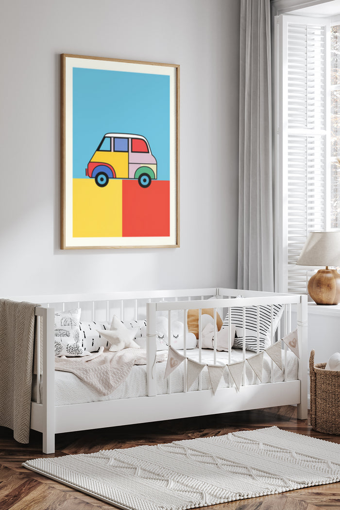 Colorful minimalist car poster framed on a nursery room wall