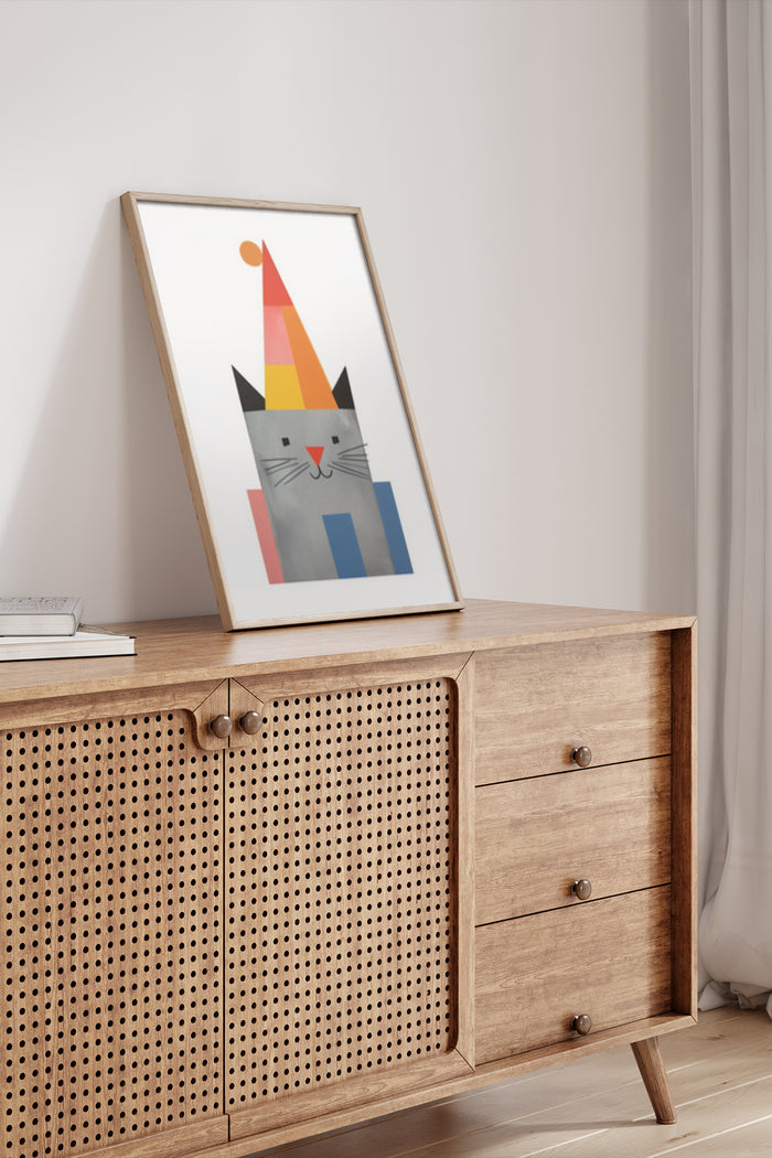 Modern colorful cat illustration poster in a wooden frame on a cabinet