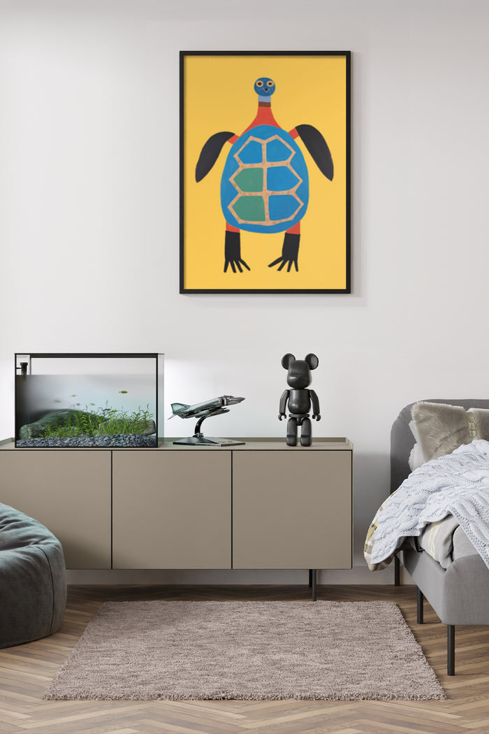 Colorful modern art poster of a stylized turtle in a contemporary living room setting