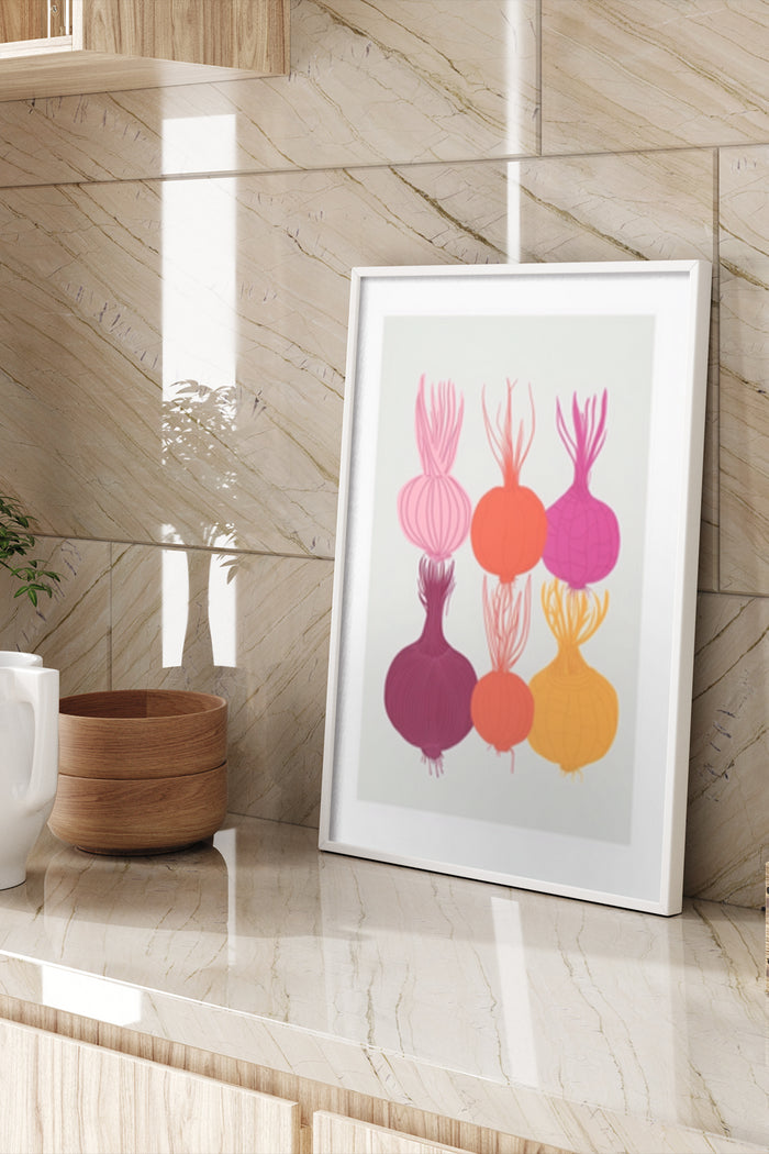 Modern colorful onion art print poster in a white frame for kitchen decor