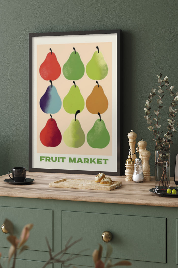 Modern kitchen decor with a framed poster of colorful pear illustrations and text 'Fruit Market'