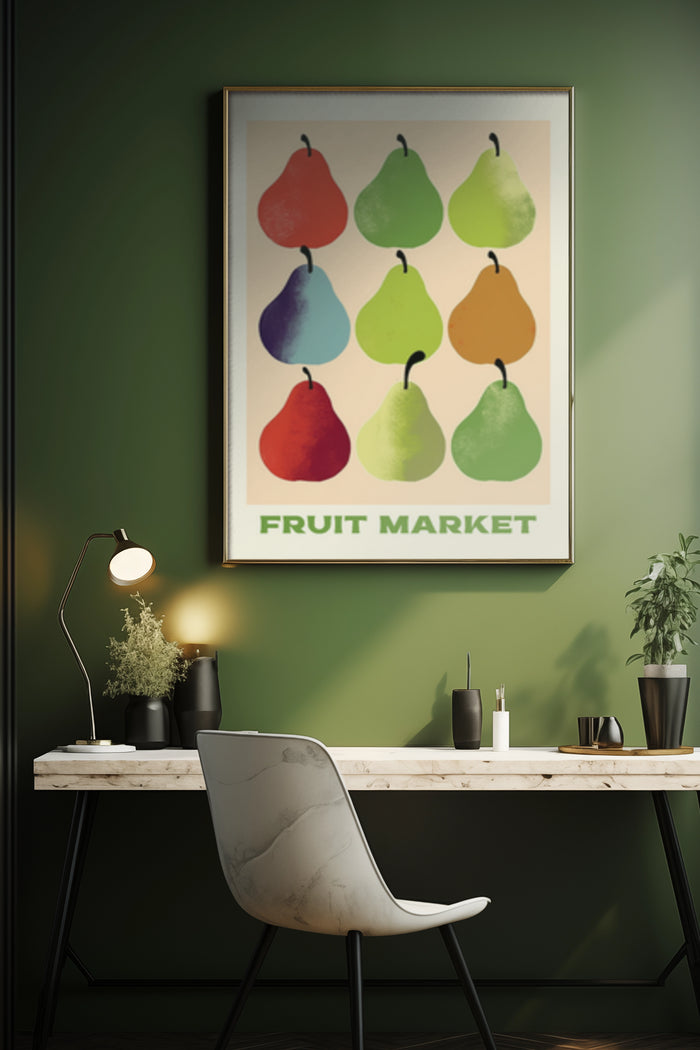 Stylish Fruit Market poster with colorful pear prints on wall in a modern interior design setting