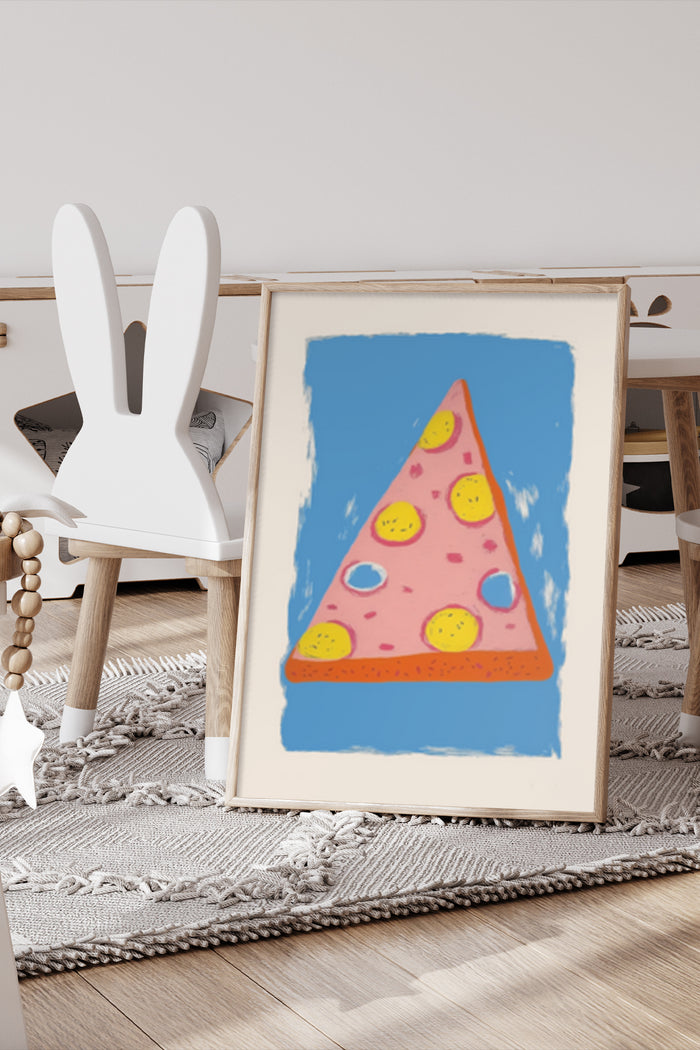 Colorful pizza slice poster art displayed in modern nursery room