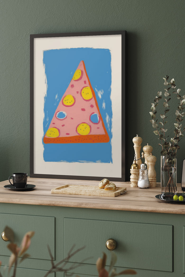 Colorful pizza slice illustration in a frame, as kitchen wall decor
